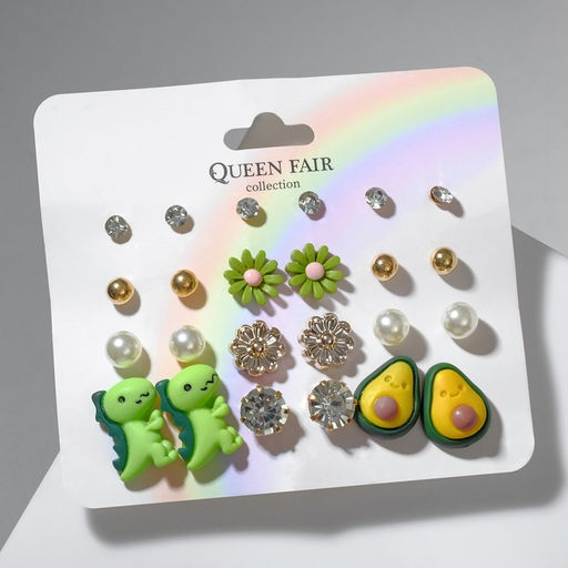 Серьги пусеты QF «Вкусняшки», набор 12 пар, динозаврик, авокадо, цветные в золоте