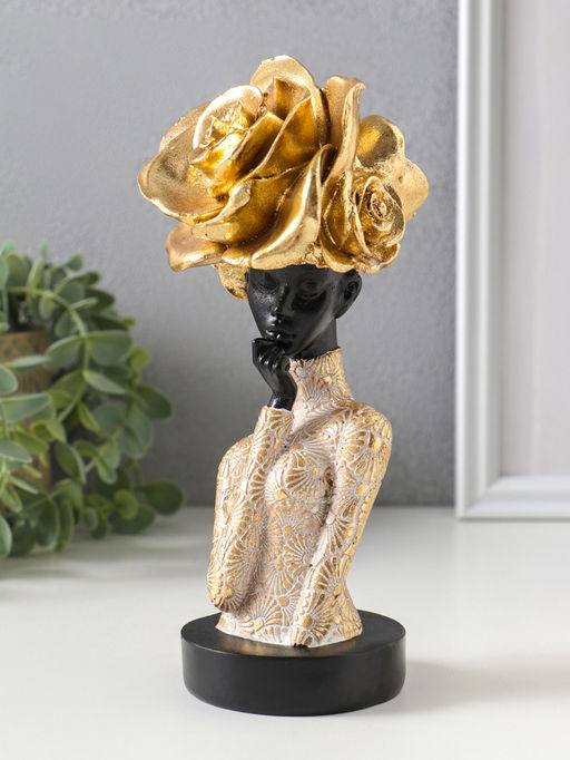 Бюст полистоун «Девушка с золотой розой, в наряде с узорами», чёрный, 9×7.5×19.5 см