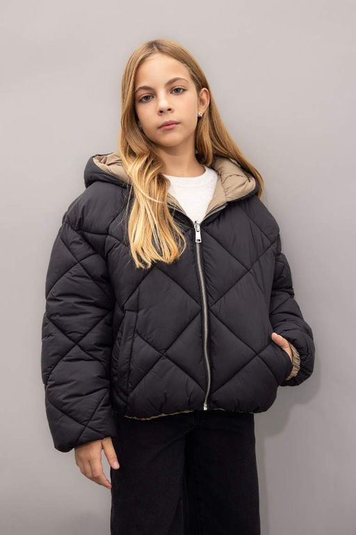 Водоотталкивающий двусторонний стеганый пуховик с капюшоном и застежкой-молнией для девочек - Defacto фото 4