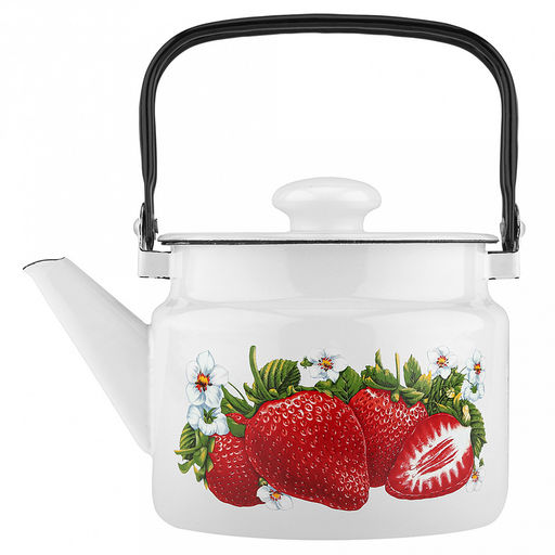 "Сочная клубника" Чайник эмалированный 2л, д16см, h13см, металлическая крышка с пластмассовой ручкой-кнопкой, металлическая подвижная ручка (Россия)