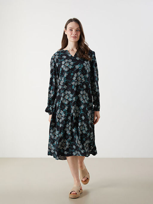 Ka??k Yaka ?i?ekli A Kesim Elbise