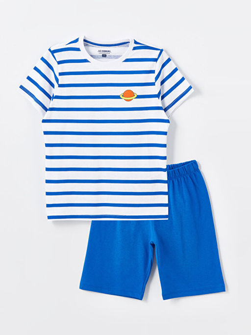 Bisiklet Yaka ?izgili K?sa Kollu Erkek ?ocuk ?ortlu Pijama Tak?m?