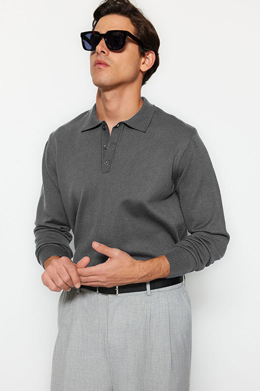 Antrasit Regular Polo Yaka D_z Kazak TMNAW24KZ00067 - Trendyolmilla фото 2