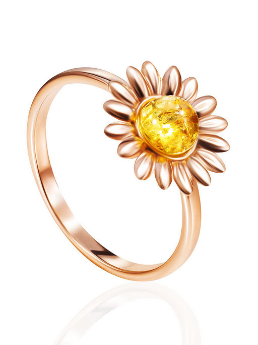 Милое кольцо Ромашка с натуральным лимонным янтарём