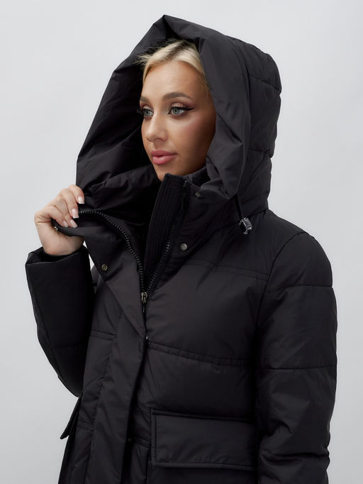 Пальто утепленное стеганное зимнее с капюшоном женское черного цвета 9602Ch - Mtforce фото 8