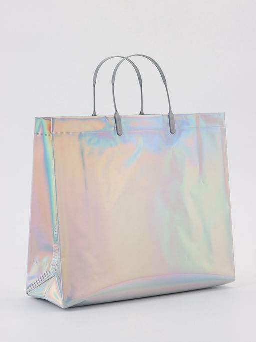 Пакет подарочный ПВХ, голография, серебро, пластикова ручка, 32×28×11 см