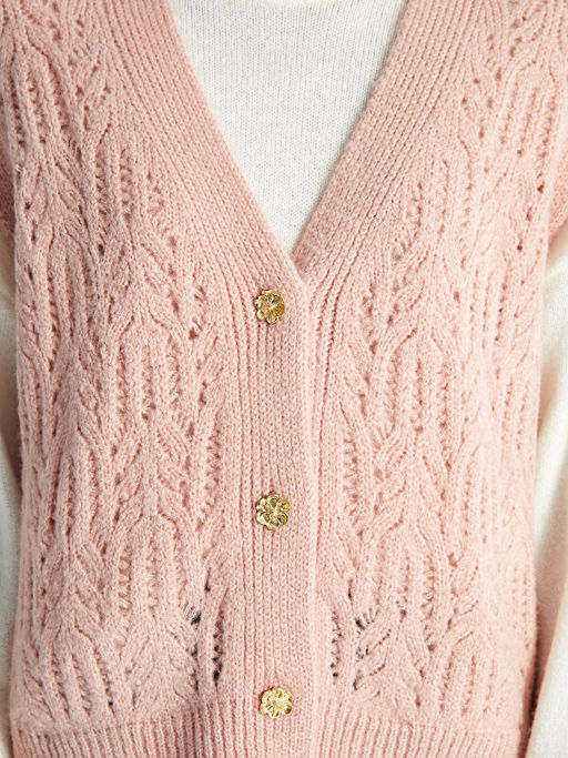 V Yaka Kendinden Desenli Kad?n Triko Yelek