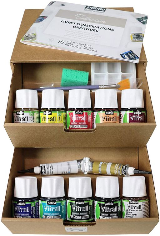 PEBEO Набор красок Vitrail Коллекция по стеклу и металлу с аксессуарами 10 цв. х 45 мл 758421