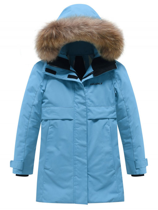 Парка зимняя подростковая для девочки с капюшоном и мехом бирюзового цвета 9534Br