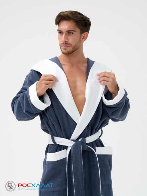 Мужской махровый халат с капюшоном с белой отделкой серый+белый МЗ-05-1 (84) - Росхалат фото 6