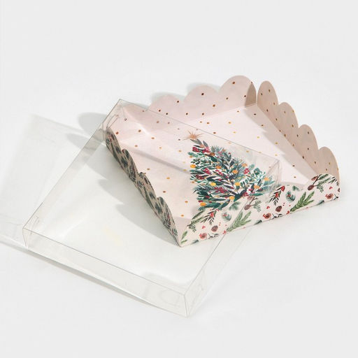 Цена за 5 шт. Коробка для кондитерских изделий новогодняя с пластиковой крышкой «Ёлка», 13×13×3 см