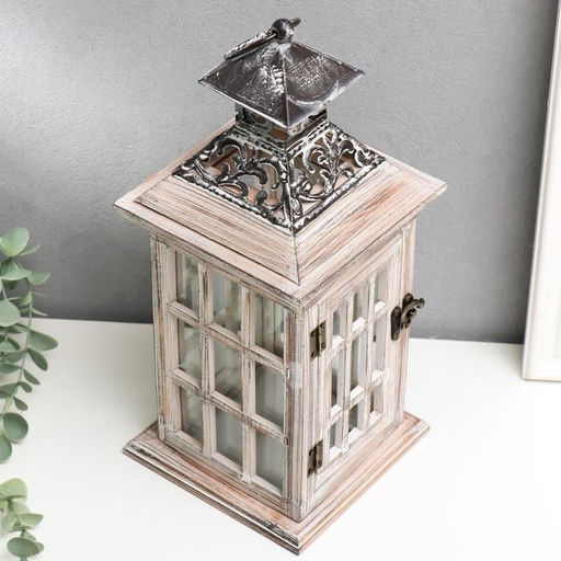 Деревянный подсвечник-фонарь на 1 свечу «Большие окна», состаренный, 34×14.5×14.5 см