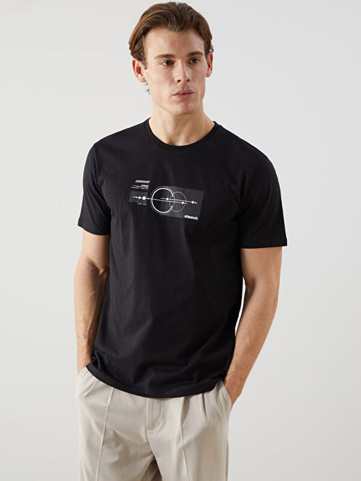 Bisiklet Yaka K?sa Kollu Bask?l? Penye Erkek Ti??rt