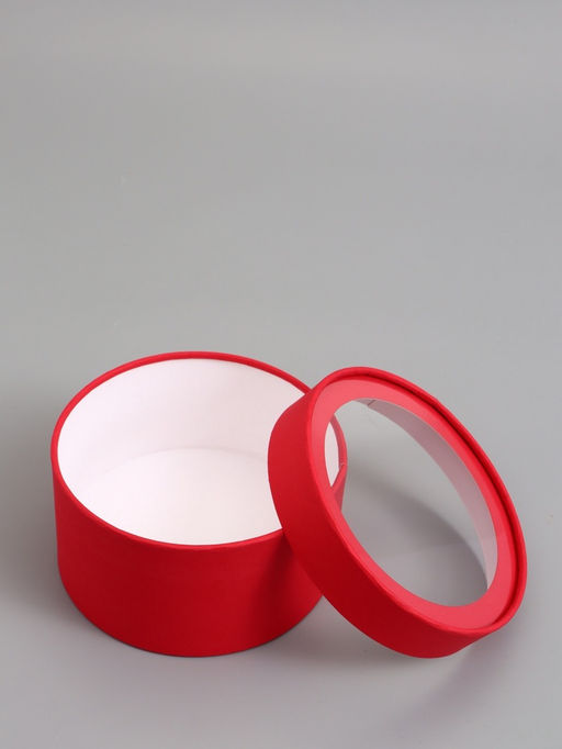 Подарочная коробка круглая, красная, завальцованная с окном, 18×10 см