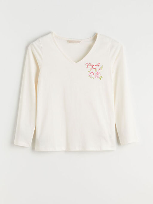 V Yaka Bask?l? Kad?n Pijama ?st