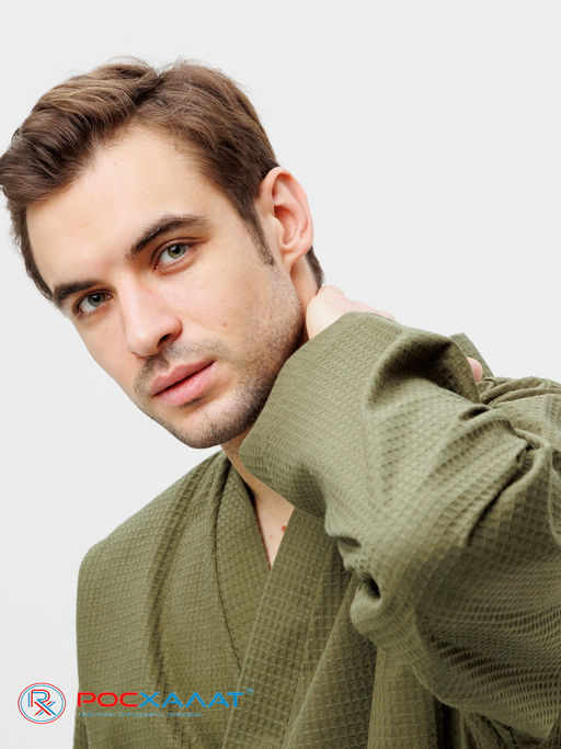 Мужской вафельный халат с планкой хаки В-03 (26)