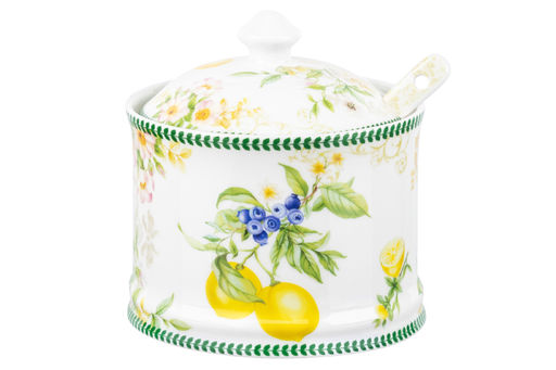 Сахарница 320 мл 9*9*10 см Лимоны + ложка, NEW BONE CHINA