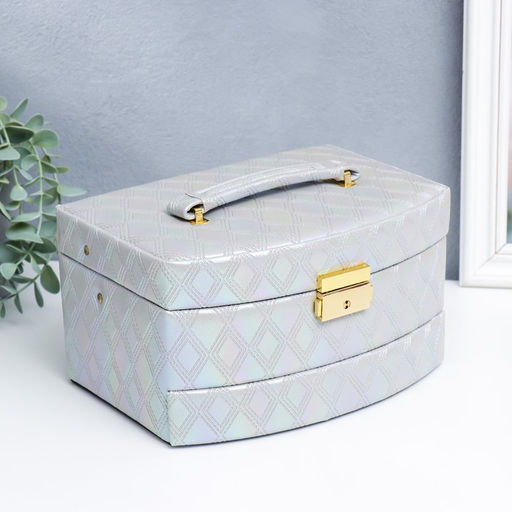 Шкатулка кожзам для украшений сундук Сеть из ромбов. Сливочный перламутр 13х16х23 см - Simaland фото 6