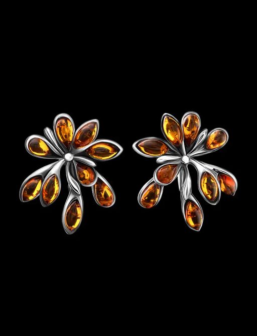 Крупные нарядные серьги из натурального коньячного янтаря в серебре Георгина - Амберхолл фото 2