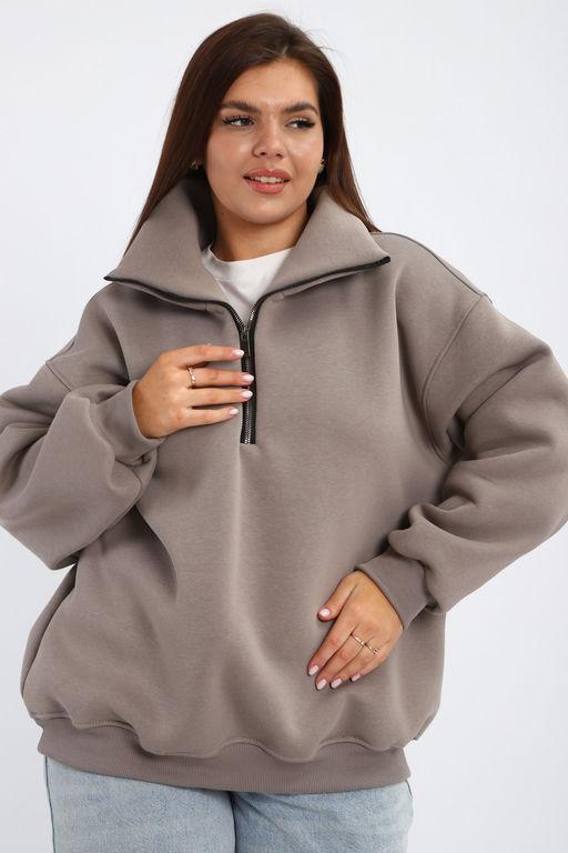 Толстовка женская из футера начес Комфорт серо-коричневый макси