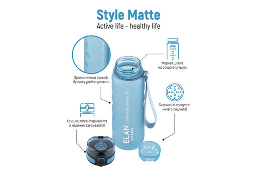 Бутылка для воды 500 мл 6,5*6,5*23 см Style Matte с углублениями д/пальцев голубая пастель - Elan gallery фото 4