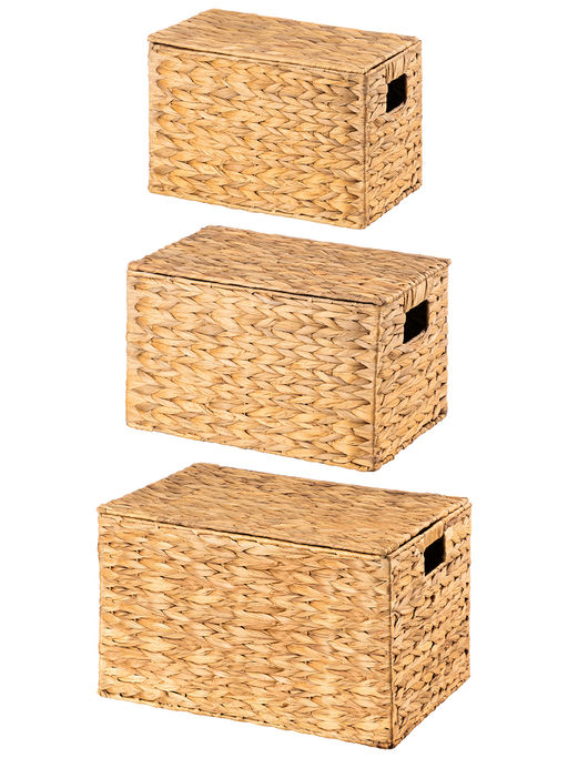 Набор 3 плетенных корзин, 45*30,5*27 см, 40,5*25*24 см, 35*21*23 см, с крышками, водный гиацинт