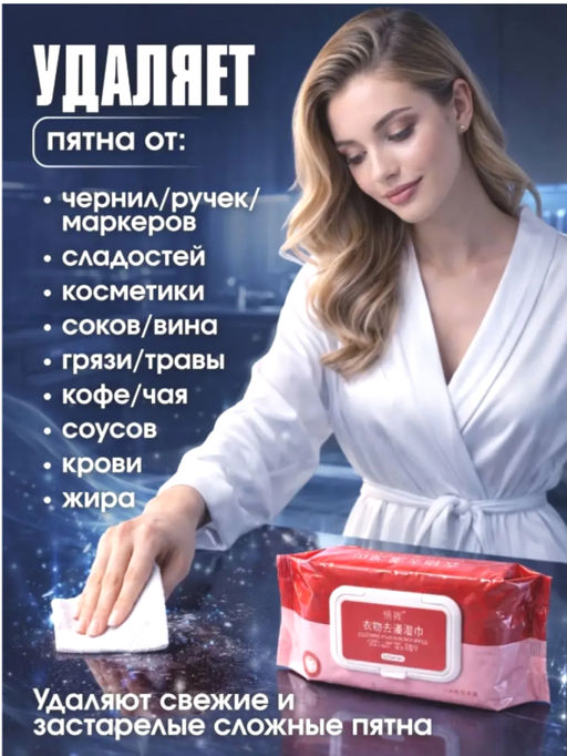 Влажные салфетки удаления пятен с одежды и обуви, 80шт