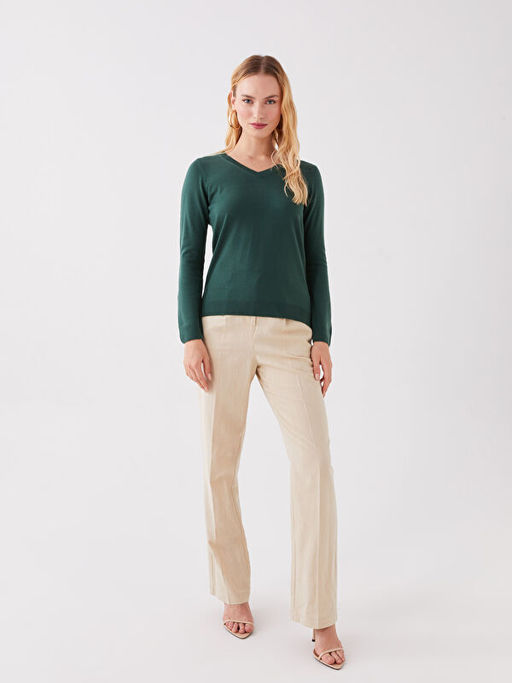 V Yaka D?z Uzun Kollu Kad?n Triko Kazak