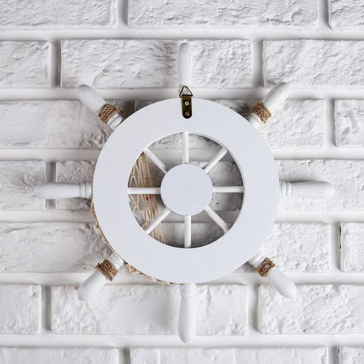 Декор настенный, панно «Штурвал с сеткой», бело-синий, 32×32×2 см