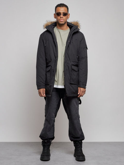 Парка мужская зимняя удлиненная с мехом черного цвета 8318Ch - Wonderrman фото 2