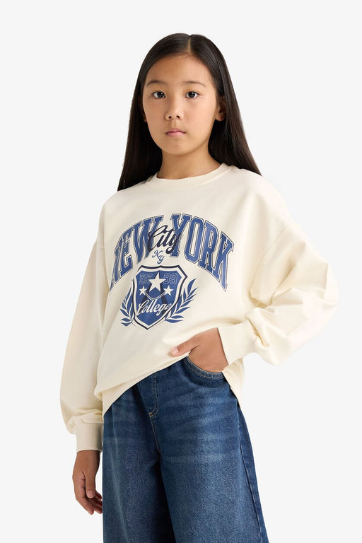 Relax Fit Bisiklet Yaka Bask_l_ Sweatshirt K_z _ocuk - Defacto фото 4