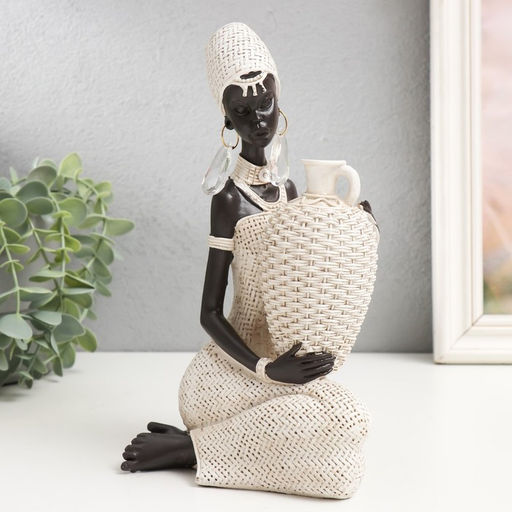 Фигурка полистоун «Африканка сидит с плетёным кувшином», белый, 23×13.5×10.3 см