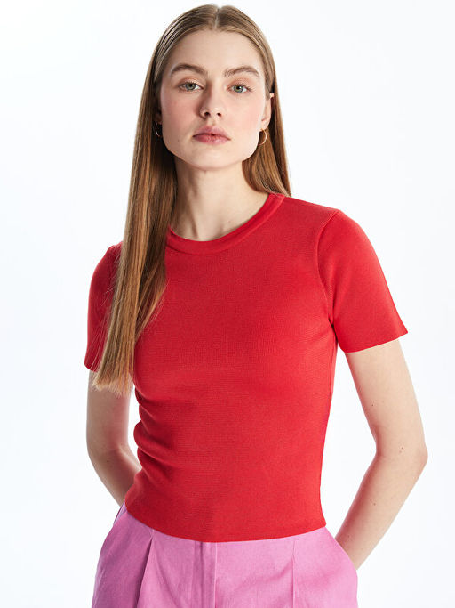 Bisiklet Yaka D?z K?sa Kollu Kad?n Triko Kazak