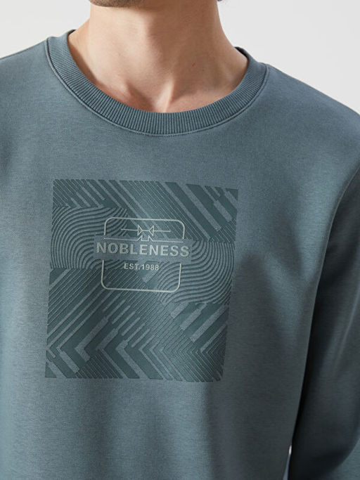 Bisiklet Yaka Bask?l? Erkek Kal?n Sweatshirt