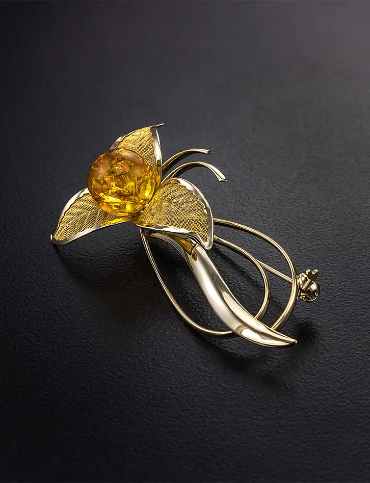 Позолоченная брошь со вставкой из искрящегося лимонного янтаря Beoluna - Амберхолл фото 2