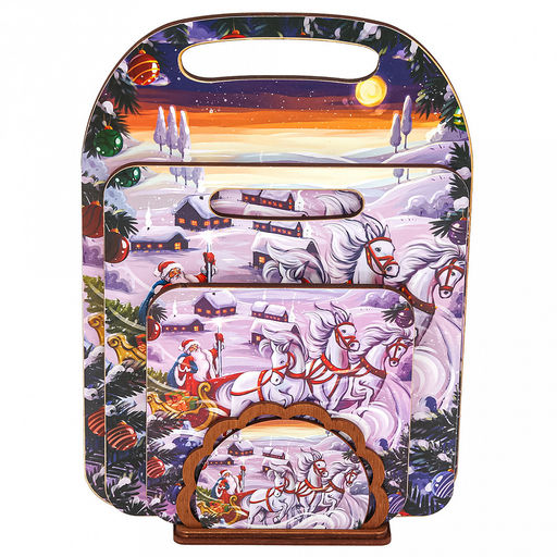 Счастья, Радости, УдачиКомлект деревянный 4 предмета: доска разделочная 29х21х0,6см; доска разделочная 21х19,5х0,6см; подставка под горячее 14,5х14,5х0,8см; салфетница 12,5х8,5х4см (Россия) - Домашняя мода фото 2