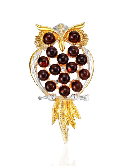 Ухху!-брошь с маленькими бусинами коньячного янтаря Совушка