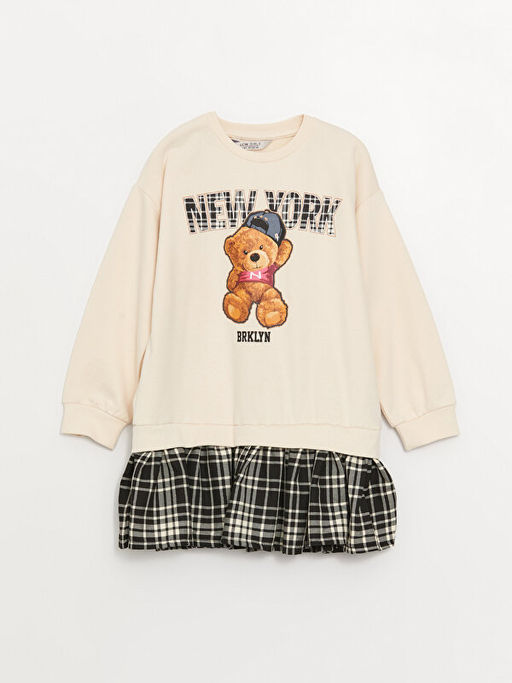 Bisiklet Yaka Bask?l? Uzun Kollu K?z ?ocuk Elbise