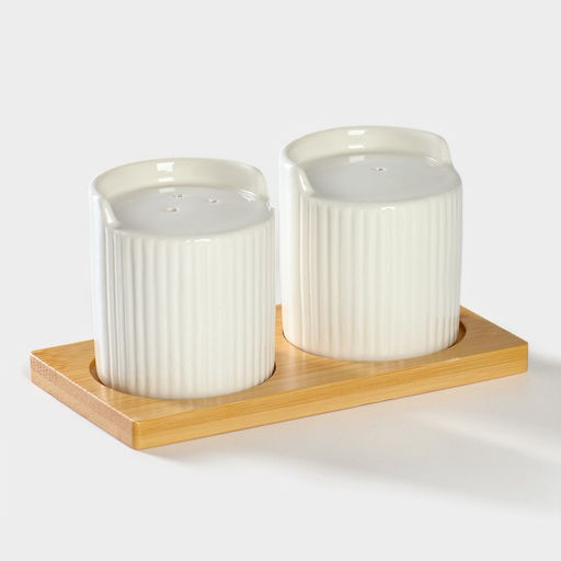 Набор для специй BellaTenero «Эстет. Грани», солонка, перечница 100 мл, на бамбуковой подставке, фарфор, белый