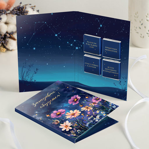 Открытка 4 шоколадки "Загадывай - сбудется!" (ночная поляна с цветами)