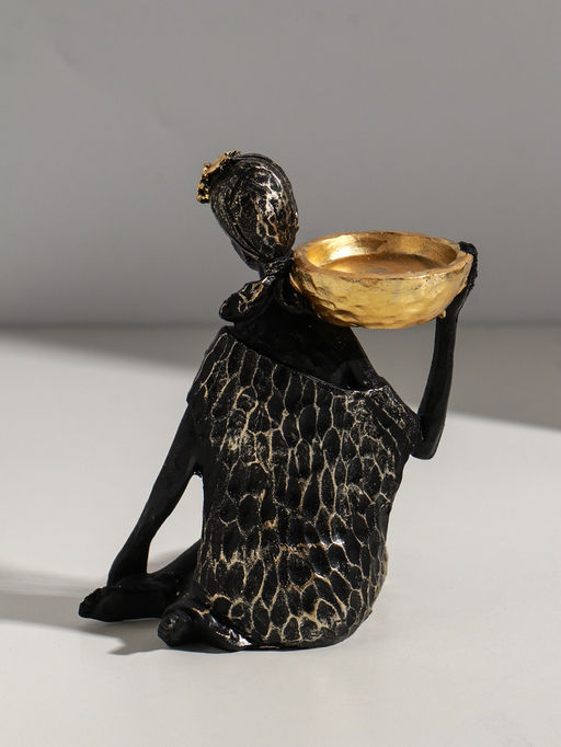 Фигурка - подсвечник на 1 свечу «Африканка в чёрном платье с цветами с золотом», полистоун, d=4.5 см, 11×13×16 см