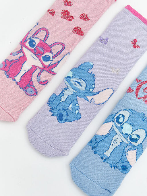 Stitch ve Angel Desenli K?z ?ocuk Havlu Soket ?orap 3l?