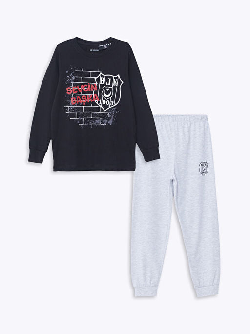 Bisiklet Yaka Be?ikta? Bask?l? Uzun Kollu Erkek ?ocuk Pijama Tak?m?