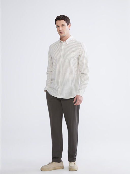 Regular Fit ?izgili Erkek Keten Kar???ml? G?mlek