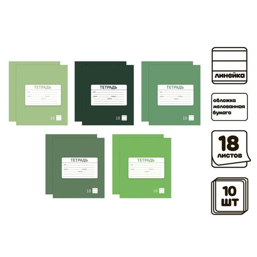Комплект тетрадей из 10 штук, 18 листов в линию Однотонная "Новая Школьная. Эконом", обложка мелованная бумага, ВД-лак, блок № 2 (серые листы)