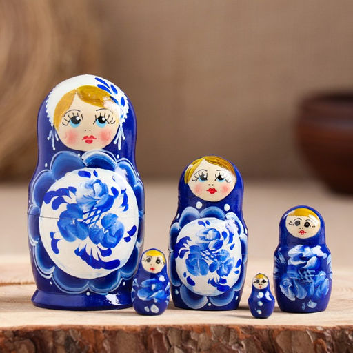 Матрёшка дерево «Поднос гжель», синее платье, 5 кукольная, 10 см