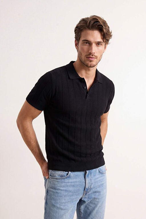 Siyah Slim/Dar Kesim Dokulu Polo Yaka T-shirt TMNSS26PO00039 - Trendyolmilla фото 2