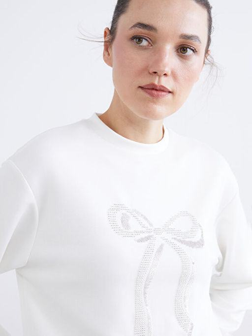 Dik Yaka Kurdele Bask?l? Kad?n Sweatshirt