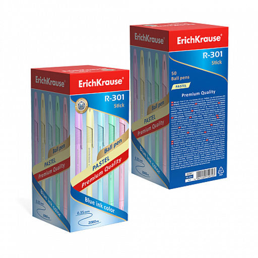 Цена за 50 шт. Ручка шариковая ErichKrause R-301 Stick Pastel 0.7, цвет чернил синий (в коробке по 50 шт.)
