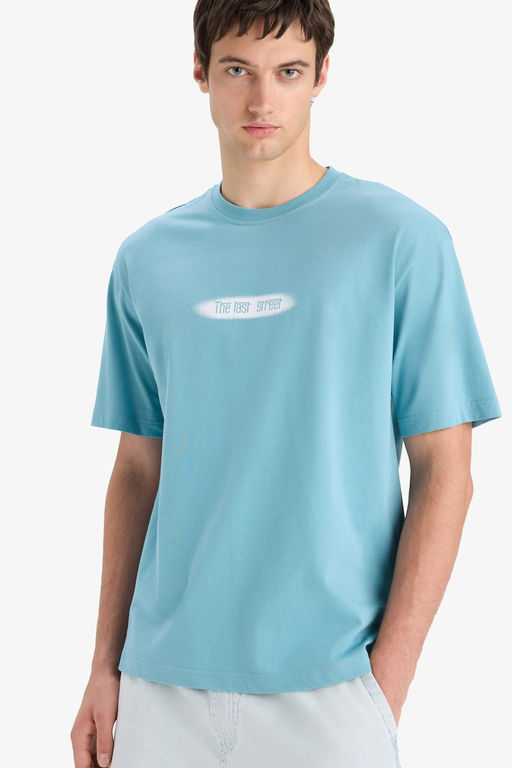 %100 Pamuk Boxy Fit Bisiklet Yaka Bask_l_ K_sa Kollu Ti__rt
